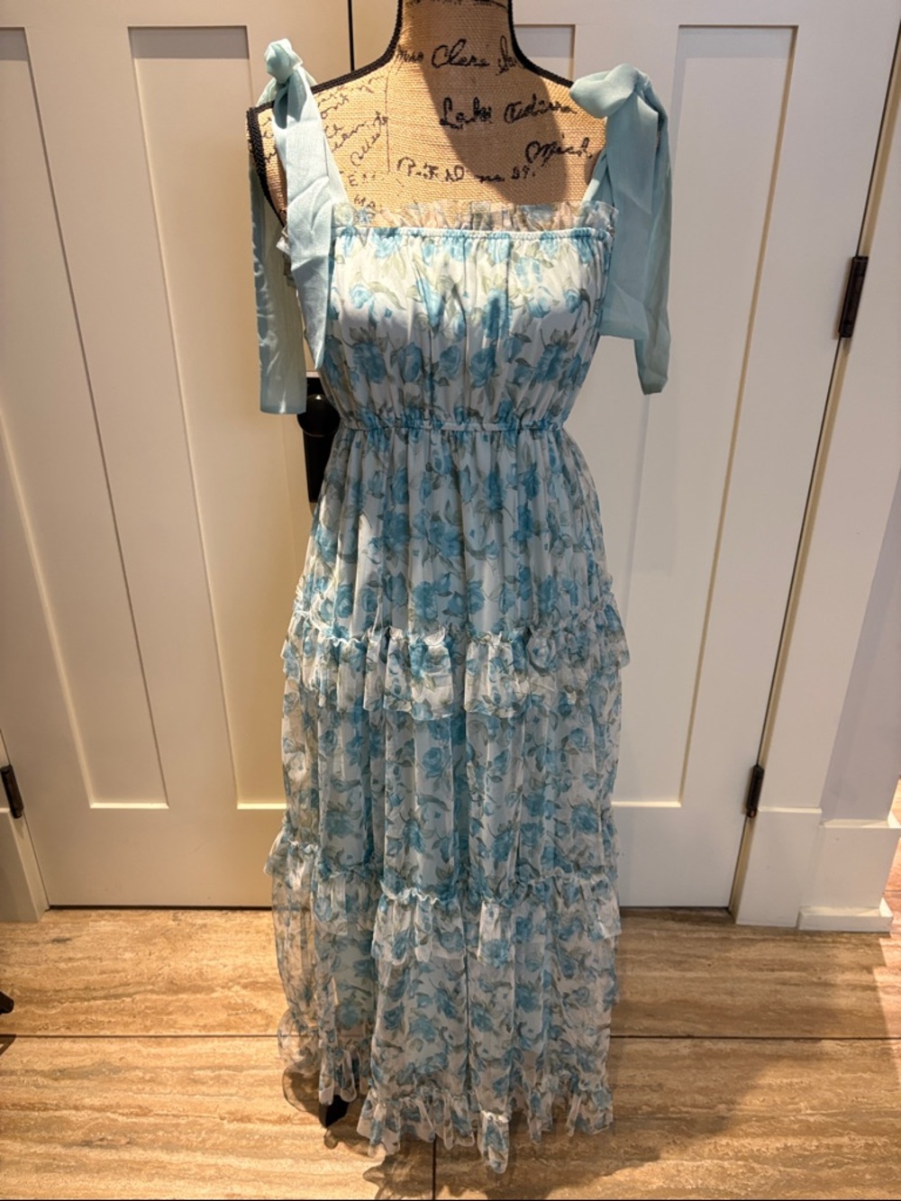 Light Blue Floral Tie-Shoulder Maxi Dress